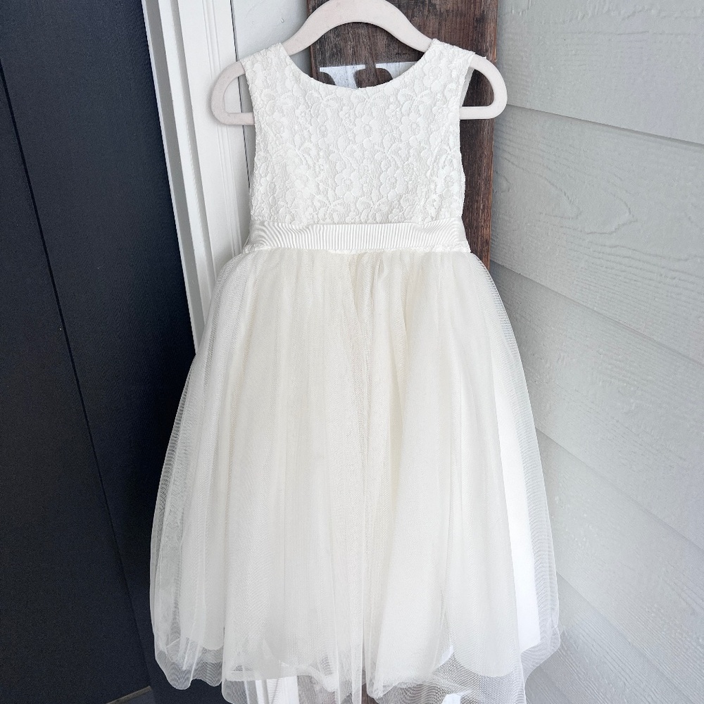 Lace and Mesh Tank Flower Girl Dress - Ivory